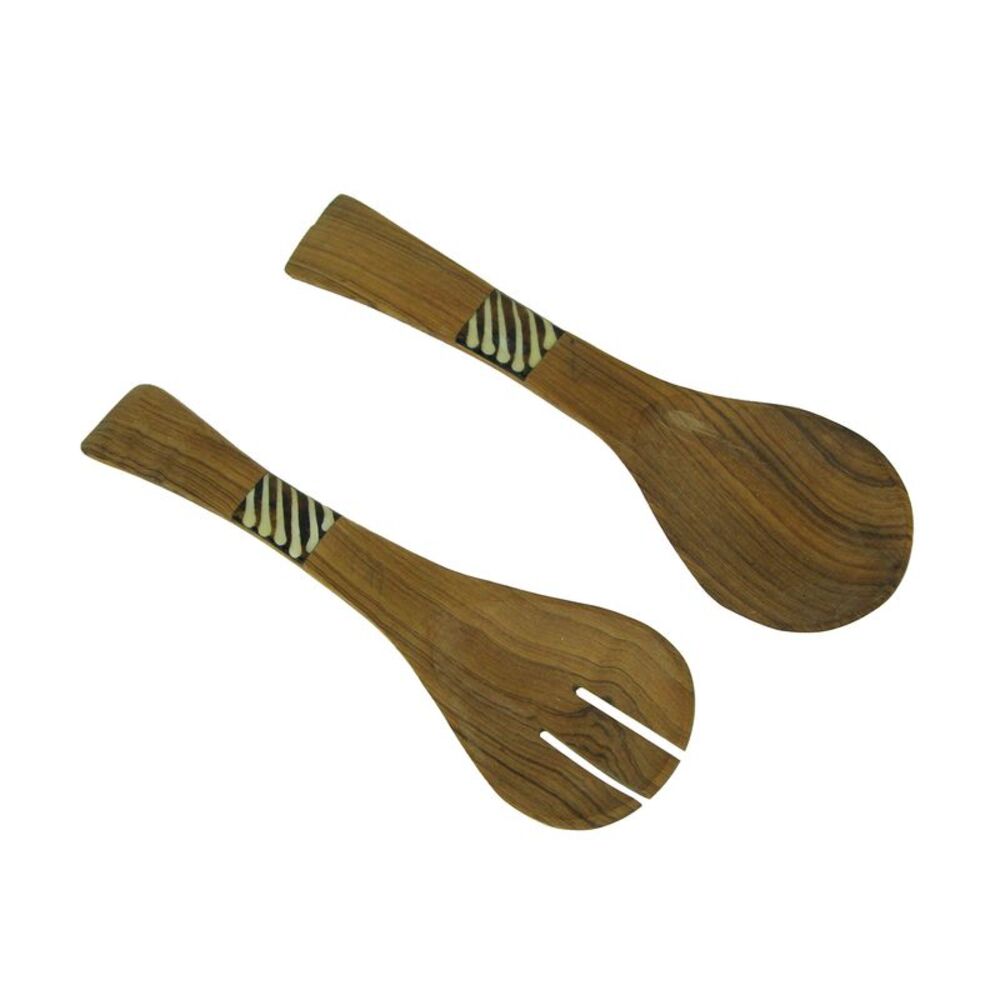 Hand Carved Wood and Bone Flat Handle Salad Server Set